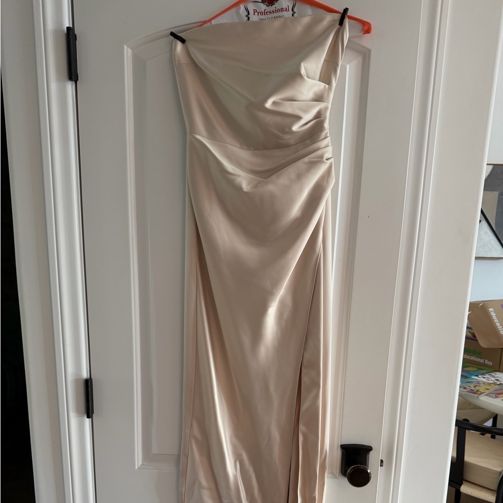BHLDN Champagne Strapless Satin Bias-Cut Maxi Dress